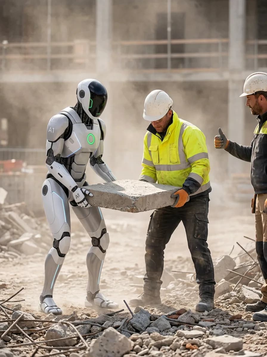 Abatron Unit and a construction worker carrying a concrete slab together on a building site